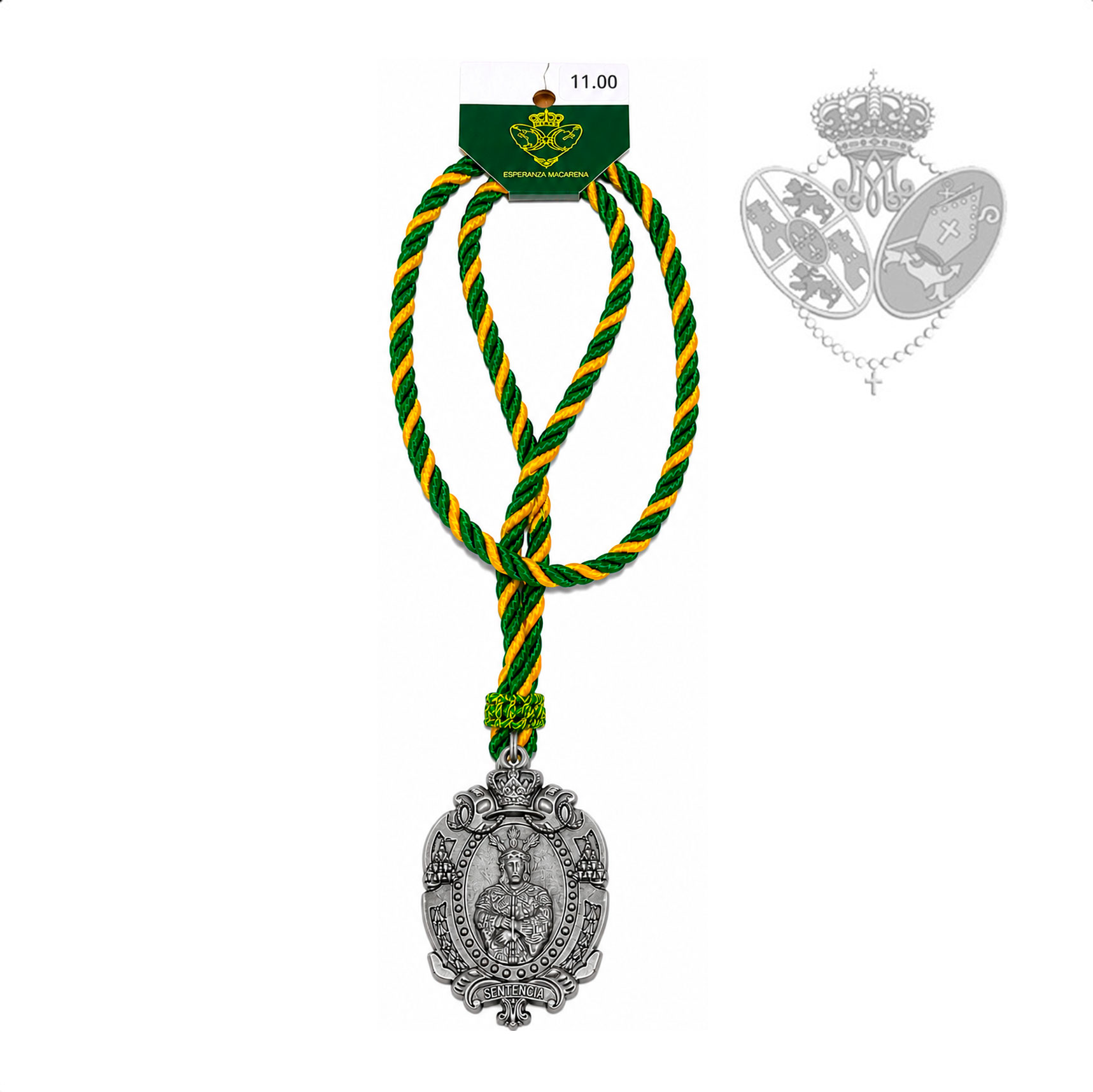 Medalla con cordón verde y amarillo Esperanza Macarena cara delantera y trasera