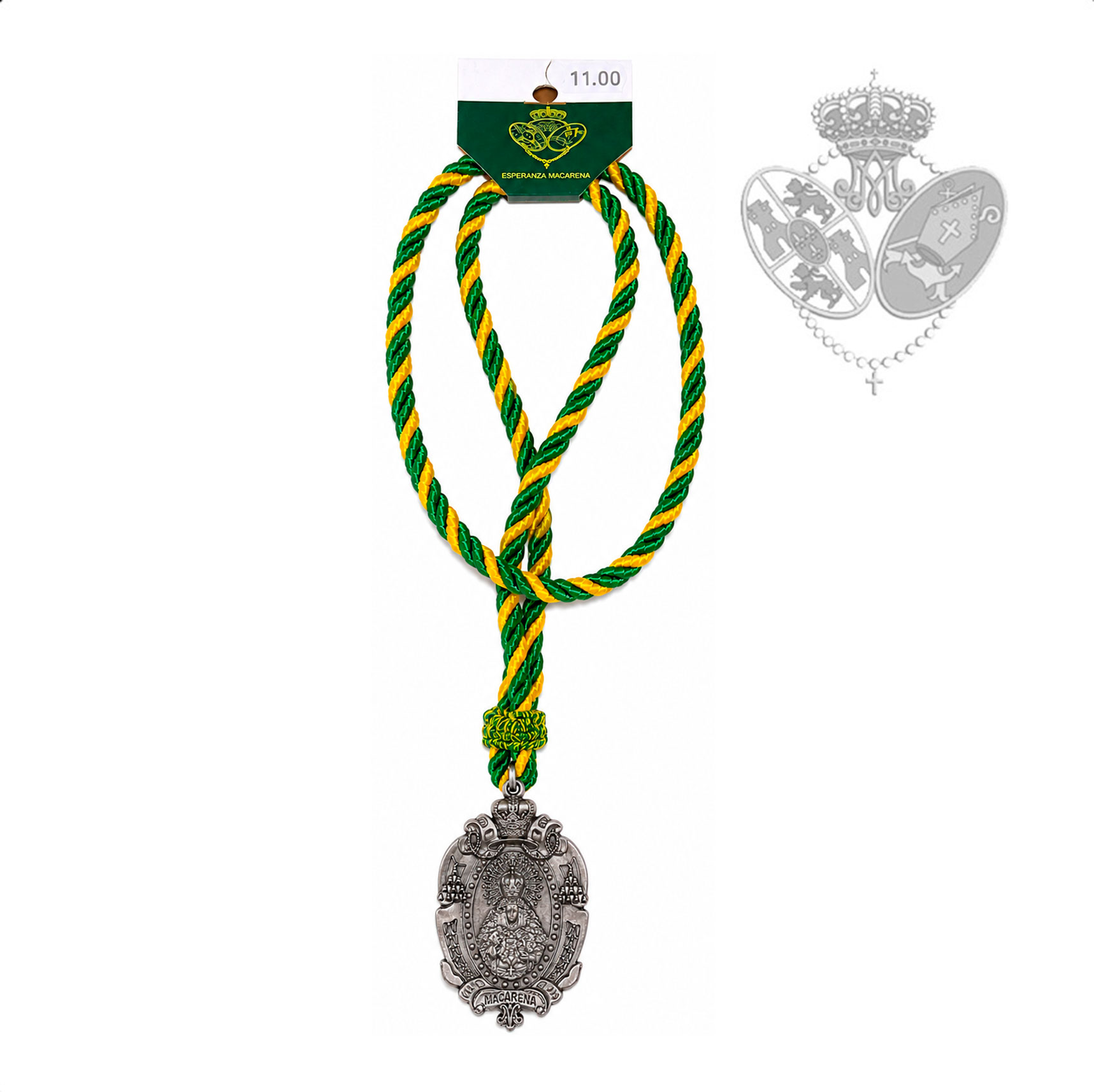 Medalla con cordón verde y amarillo Esperanza Macarena cara delantera y trasera