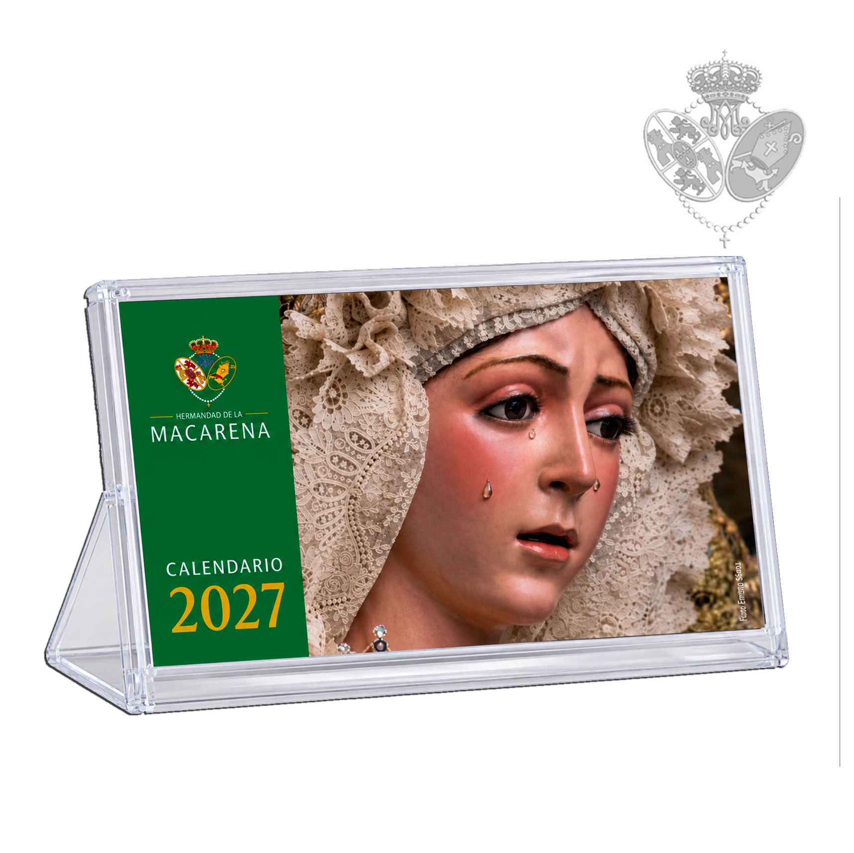 Calendario de mesa Esperanza Macarena 2027 con soporte transparente