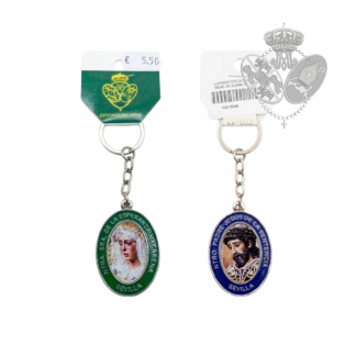 Llavero ovalado doble cara con la Virgen de la Esperanza Macarena y el Cristo de la Sentencia de Sevilla