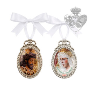 medallón de cuna doble cara esperanza macarena y cristo de la sentencia con lazo blanco