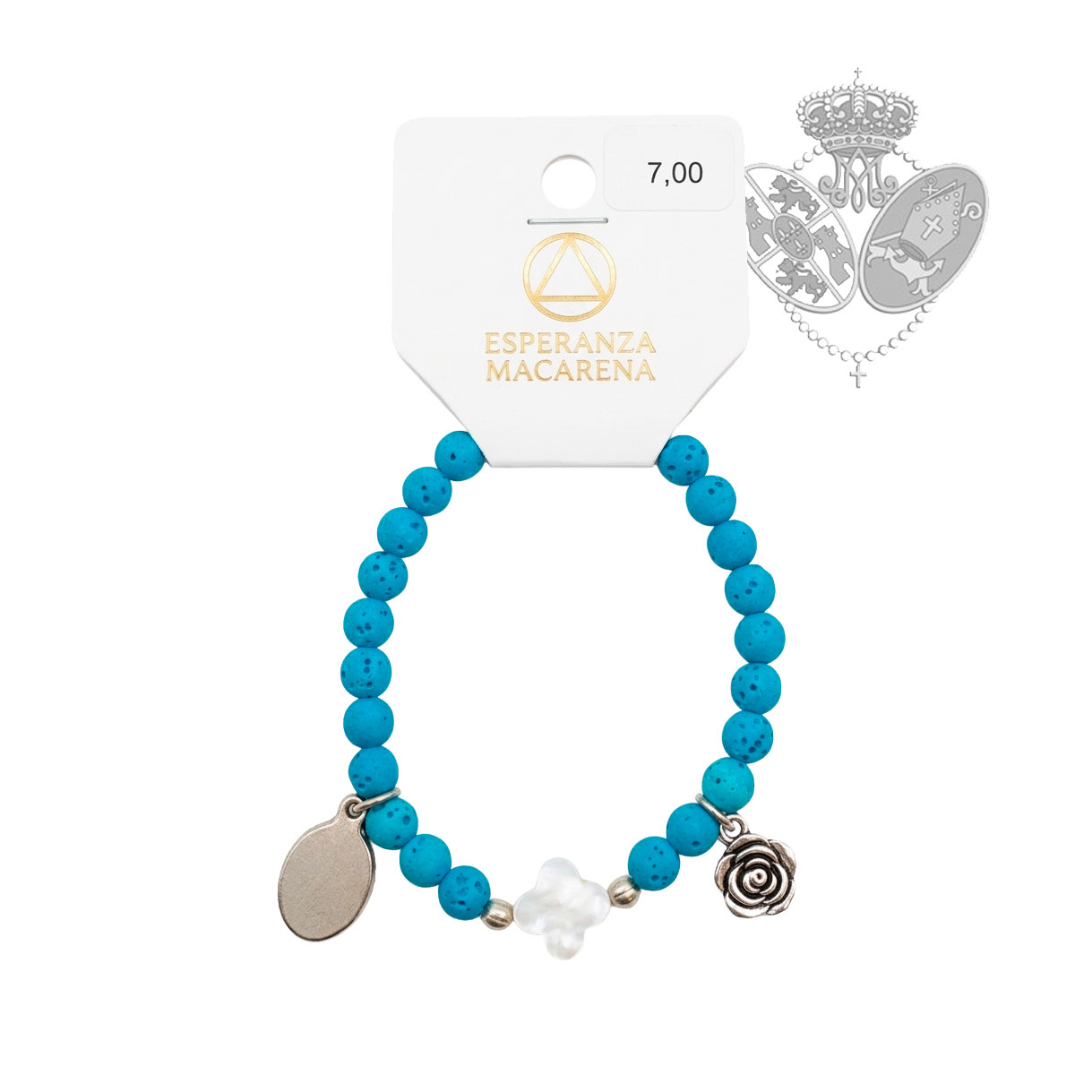 Pulsera Elástica de Lava Azul con Cruz y Medalla Esperanza Macarena - Imagen 2