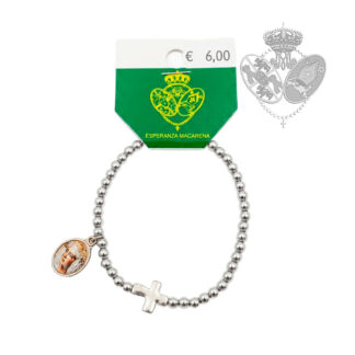 Pulsera elástica de cuentas plateadas con cruz y medalla de la Esperanza Macarena