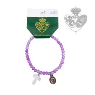 Pulsera elástica morada con cruz blanca y medalla de la Esperanza Macarena