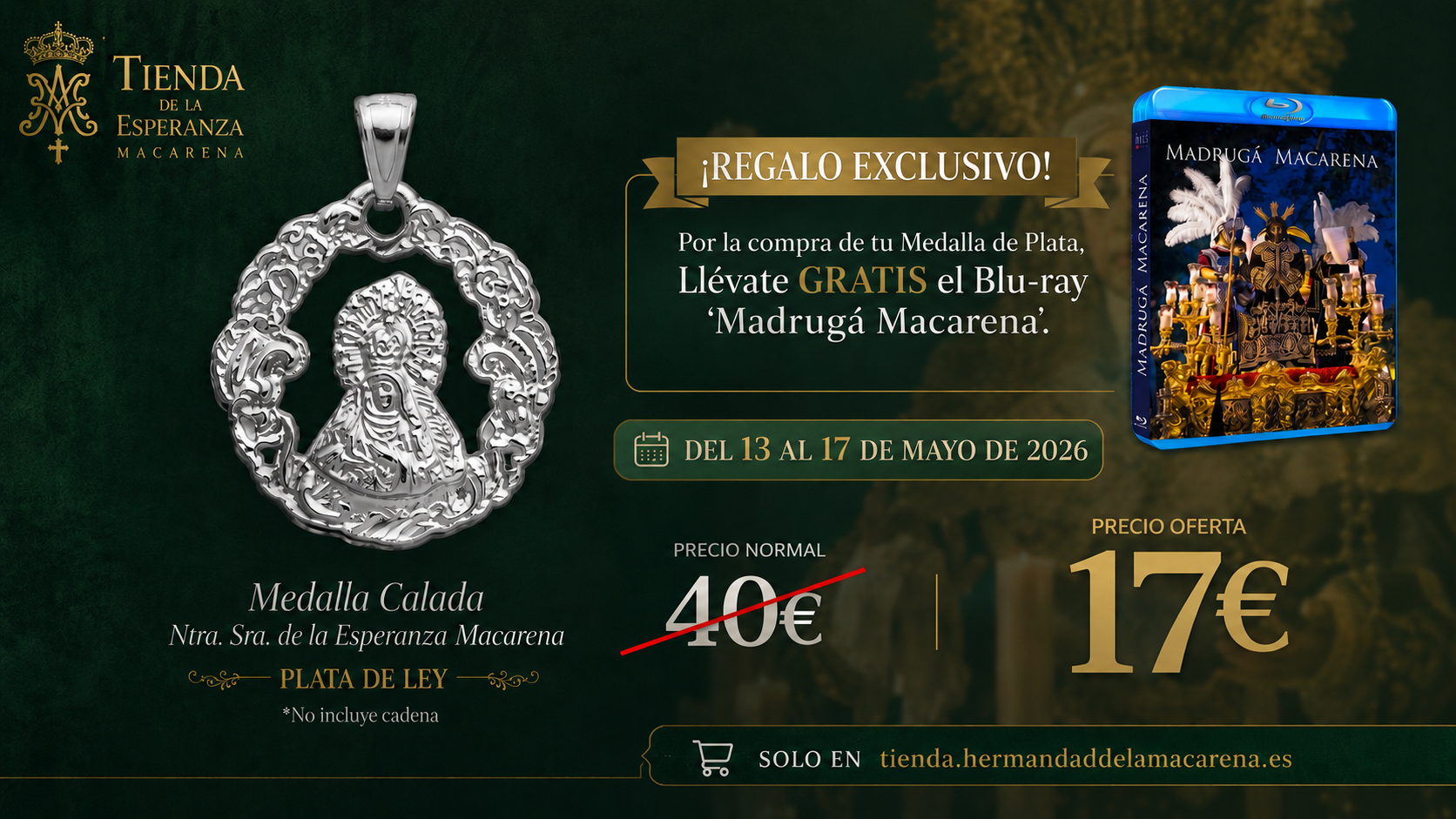 Medalla de plata Virgen de la Esperanza Macarena con Blu-ray de regalo.