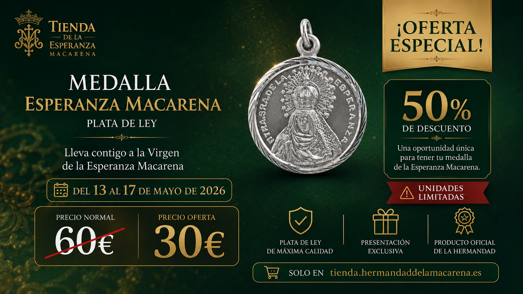 Medalla de plata de la Esperanza Macarena en oferta especial al 50% de descuento.